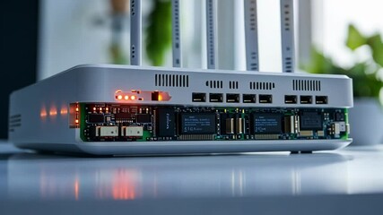 Poster - Modern router featuring illuminated orange leds and multiple antennas, highlighting advanced network capabilities and powerful signal transmission in a contemporary setting
