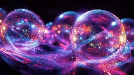 Fototapete - Pulsating glowing orbs connected by faint light trails.