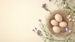 © Olga - A group of eggs resting on a table with purple and white flowers nearby