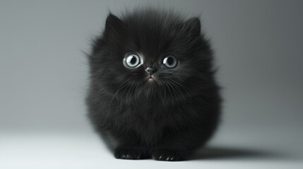 Wall Mural - Black. Cartoon, cat, gray, background , round, kitten, shadow. Fluffy fluffy round kitten in the shadow. A round fluffy cat with a fluffy background and a gray kitten. A black kitten lifestyle.