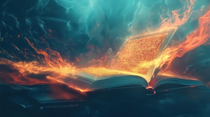 Poster - Open Book with Glowing Pages and Fiery Energy Flowing in a Cosmic Setting