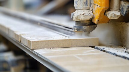 Poster - A close-up of the guide rails of a tile cutter with ceramic tile dust visible.