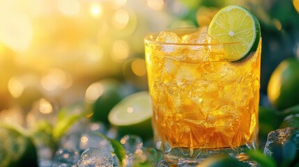 Cocktail with lime wedge, close-up of vibrant cocktail with lime garnish, soft evening lighting