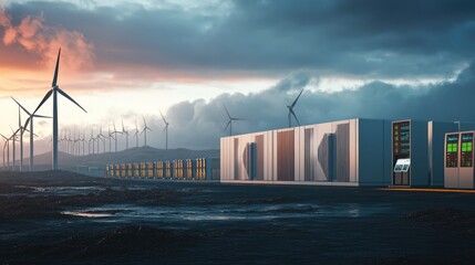 Poster - A futuristic battery storage facility with energy monitoring screens.