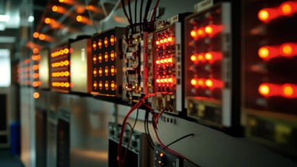 Aufkleber - multiple red lights blinking on an electrical control panel, potentially indicating an active proces