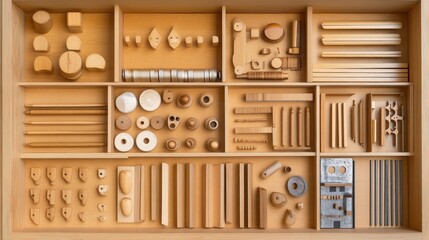 Poster - A high-angle view of wooden furniture parts organized for assembly.