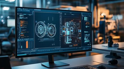Poster - Modern desktop computer displaying advanced engineering software used for designing printed circuit boards and complex engine components in a high tech industrial environment