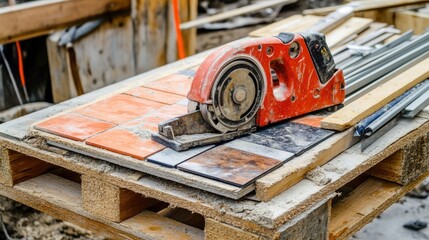Poster - A rugged tile cutter resting on a wooden pallet with construction materials.