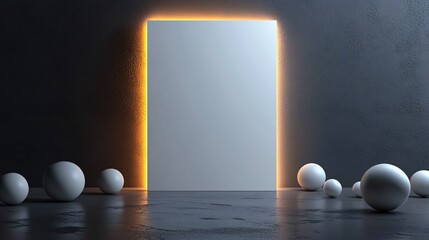 Poster - Orange light surrounding a white panel in a dark grey room with white spheres
