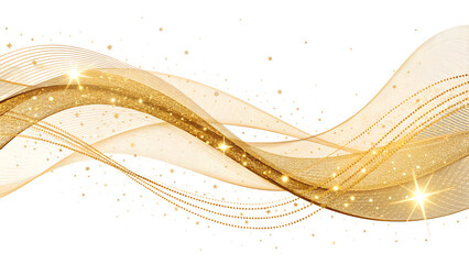Poster - Flowing Golden Wave with Glittering Stars on Transparent Background. PNG