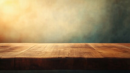 Poster - Empty wooden table illuminating by sunset light with abstract blurred background