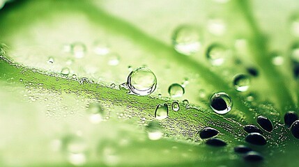 Poster - a photo of a green leaf with droplets of water on the surface and fully saturated