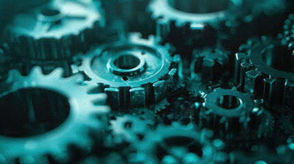 Poster - High quality close up of metallic gears in mechanical system, showcasing intricate details and textures. image conveys sense of precision and engineering excellence