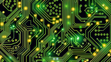 Aufkleber - Digital circuit board with glowing green and yellow lines and nodes