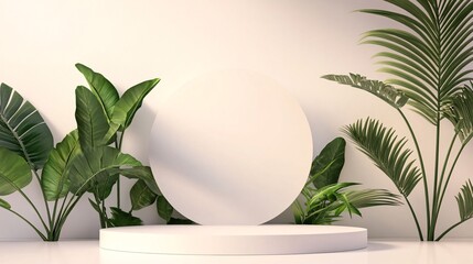Poster - White podium displaying cosmetic products surrounded by tropical plants