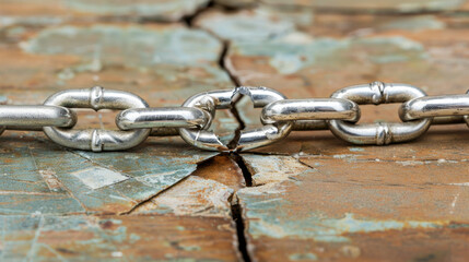 Poster - Close up of broken metal chain link on weathered wooden surface, highlighting contrast between shiny metal and rustic wood texture
