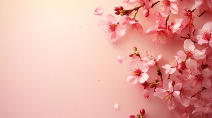 Wall Mural - Blooming cherry blossom flowers on pink background with copy space