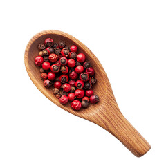 Wall Mural - Red peppercorns nestled in a wooden spoon on a clean transparent background, showcasing their vibrant color and texture, Red peppercorn in wood spoon on transparent background