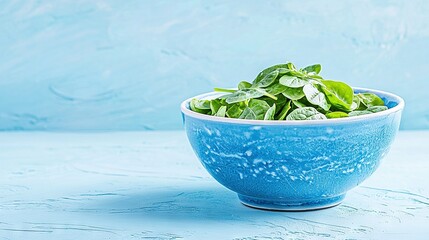 Wall Mural -   Blue bowl with spinach leaves on blue table in front of blue wall