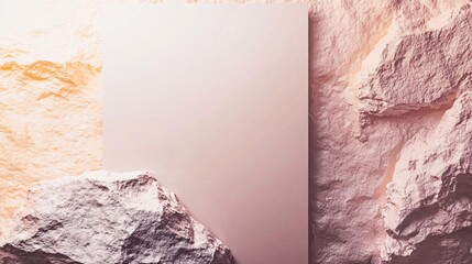 Poster - Empty frame leaning on rock formation with sunlight shining on background