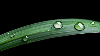 Wall Mural - a lush green foliage with three droplets of water splashing on its tip against a deep black canvas
