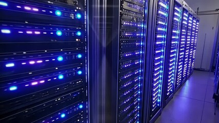 Aufkleber - multiple server racks blinking with vibrant blue and purple lights illuminate a data center, highlig