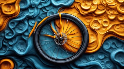Poster - Bicycle Wheel Abstract Art Blue Orange Swirls