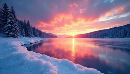 Wall Mural - Frozen lake landscape at sunset with ice crystals in the air, calm, reflection