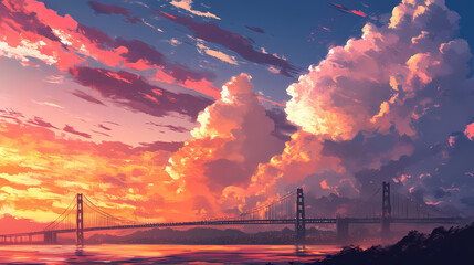 Wall Mural - Golden gate bridge sunset with dramatic clouds. Twilight Bridge. Illustration