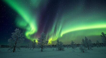 A serene tundra landscape with frost-covered trees shimmering under the aurora borealis