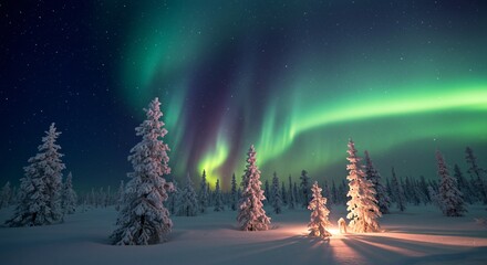 a serene tundra landscape with frost-covered trees shimmering under the aurora borealis