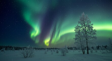 A serene tundra landscape with frost-covered trees shimmering under the aurora borealis