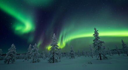 A serene tundra landscape with frost-covered trees shimmering under the aurora borealis