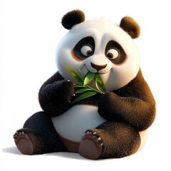 Panda Enjoying Bamboo, Charming 2D cartoon of a panda savoring bamboo leaves against a clean white backdrop, vibrant and detailed illustration