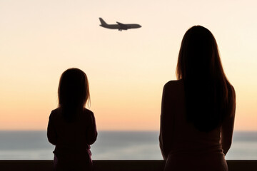 A woman and a child are looking at an airplane flying in the sky