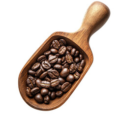 Wall Mural - Roasted coffee beans in a wooden scoop on a tan background for a warm, inviting coffee experience, roasted coffee beans in wood scoop isolated on tansparent transparent background.