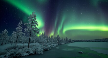 A serene tundra landscape with frost-covered trees shimmering under the aurora borealis