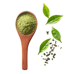 Wall Mural - Fresh matcha green tea powder in wooden spoon with green tea leaves on a bright surface, matcha green tea powder in wood spoon fresh green tea leaf and dry on transparent background