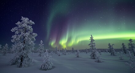 A serene tundra landscape with frost-covered trees shimmering under the aurora borealis