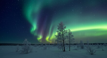 A serene tundra landscape with frost-covered trees shimmering under the aurora borealis