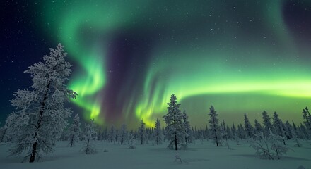 A serene tundra landscape with frost-covered trees shimmering under the aurora borealis