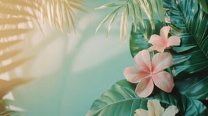 Aufkleber - Tropical background with hibiscus flowers and palm leaves creating summer mood