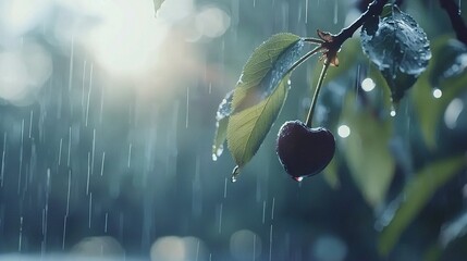 Wall Mural -   Cherry on tree, raindrops on leaves, sun shining