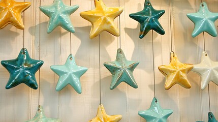 Poster - Colorful Ceramic Stars Hanging on a Wall Display Generative AI