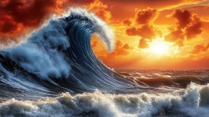 Poster - Majestic Wave Crashing at Sunset Over the Ocean Generative AI