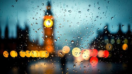 Wall Mural -    the Big Ben clock tower, visible through a clean, dry window The street outside is bustling with traffic lights in the background