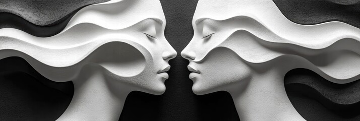 Poster - Intertwined faces in black and white showcasing abstract human forms and emotions