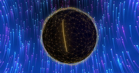 Poster - Geometric sphere with interconnected lines image over vibrant blue and purple light streaks
