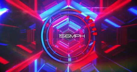 Poster - Speedometer showing 156 mph over neon geometric shapes image