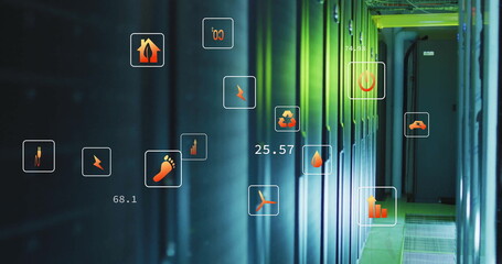Poster - Image of eco icons and digital data processing over computer servers